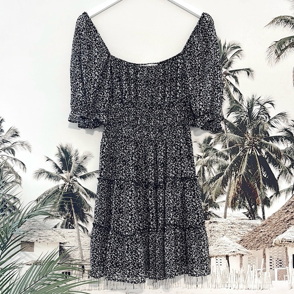 Row A Waist Defined Floral Print Tiered Dress Empire Waist Flowy Mini Dress